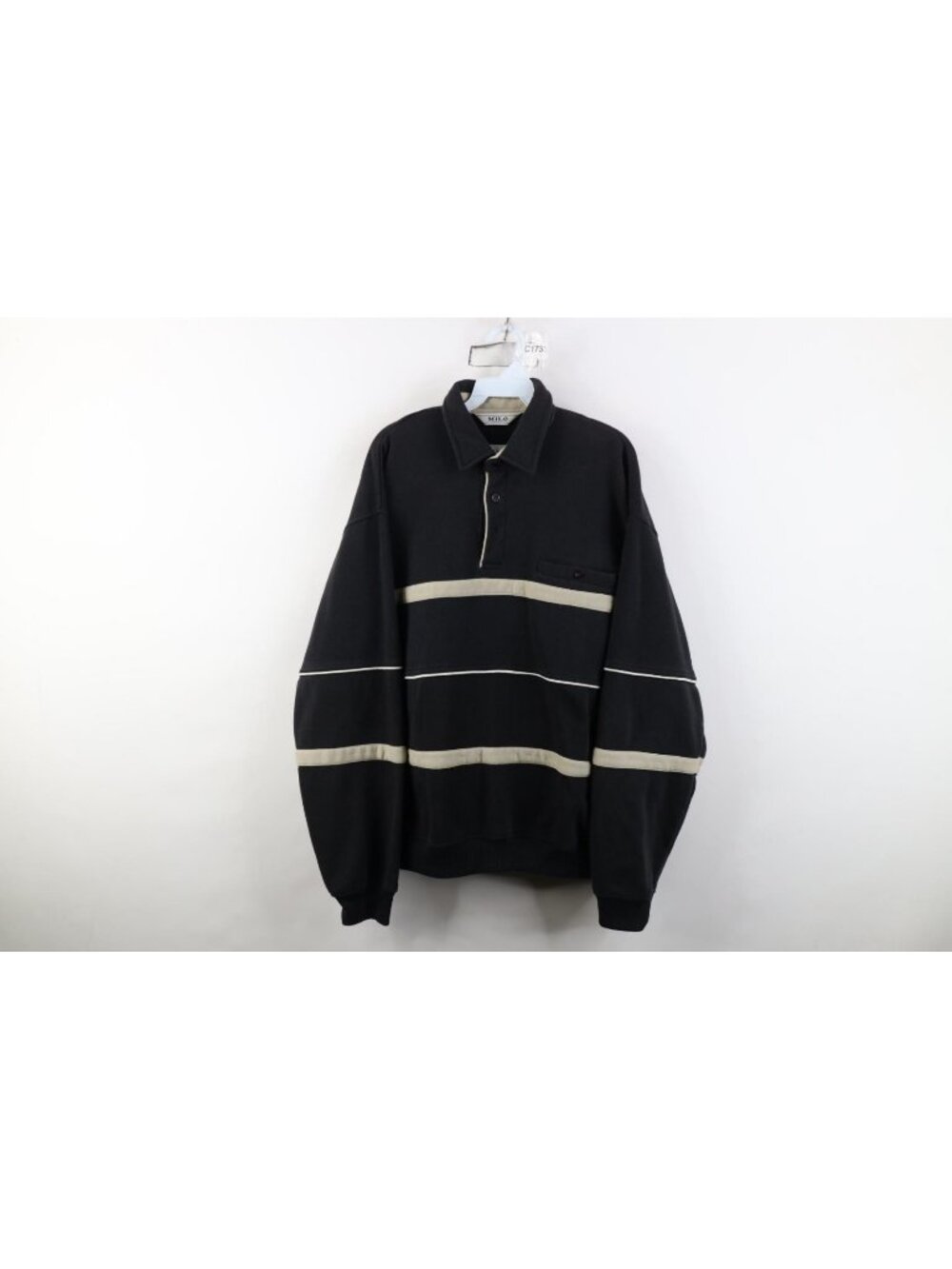 Vintage 90s Streetwear Mens Large Striped Collared Pullover Sweatshirt Black
